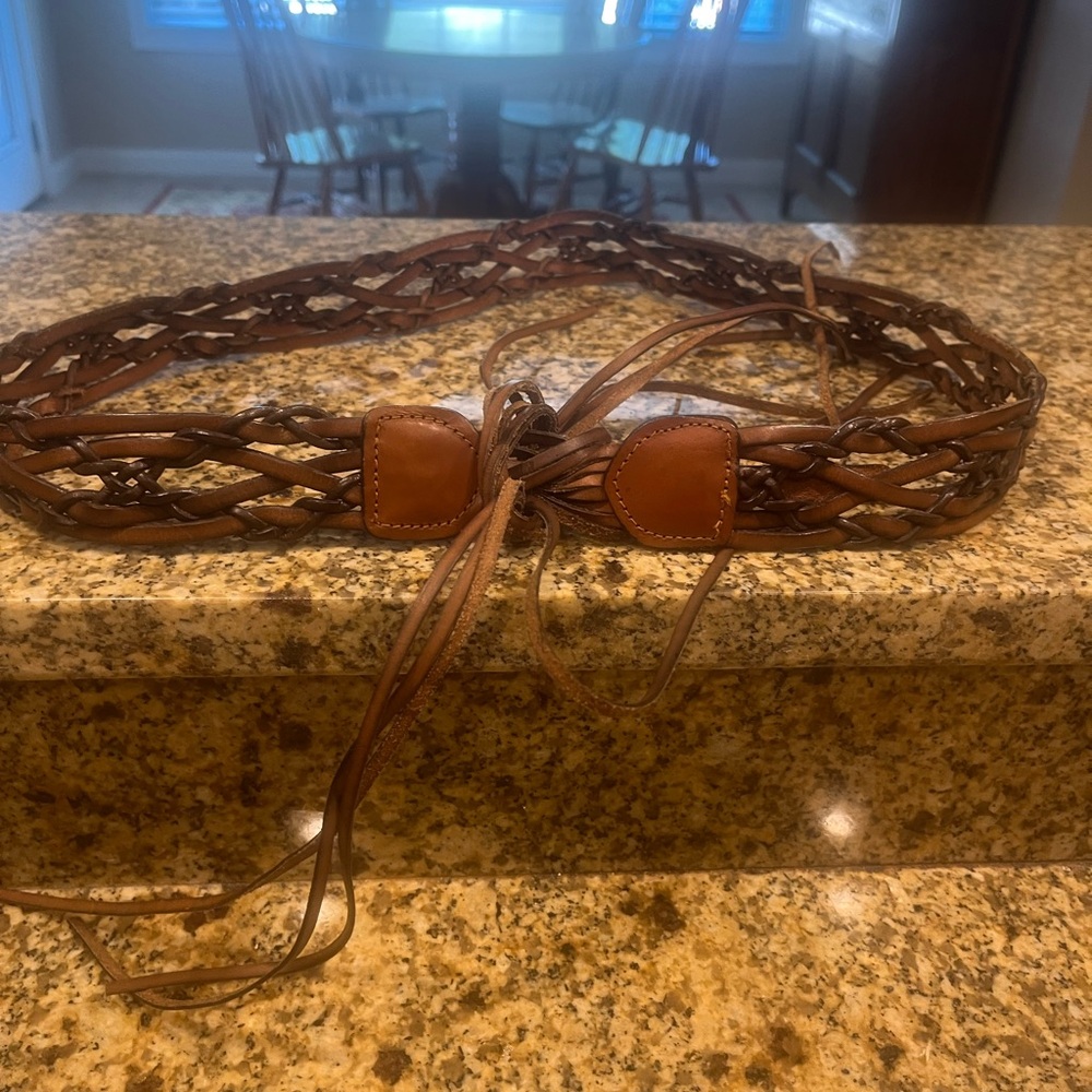 Anthro Linea Pelle Brown Woven Braided Leather Belt Fringed Ends VgUC XL